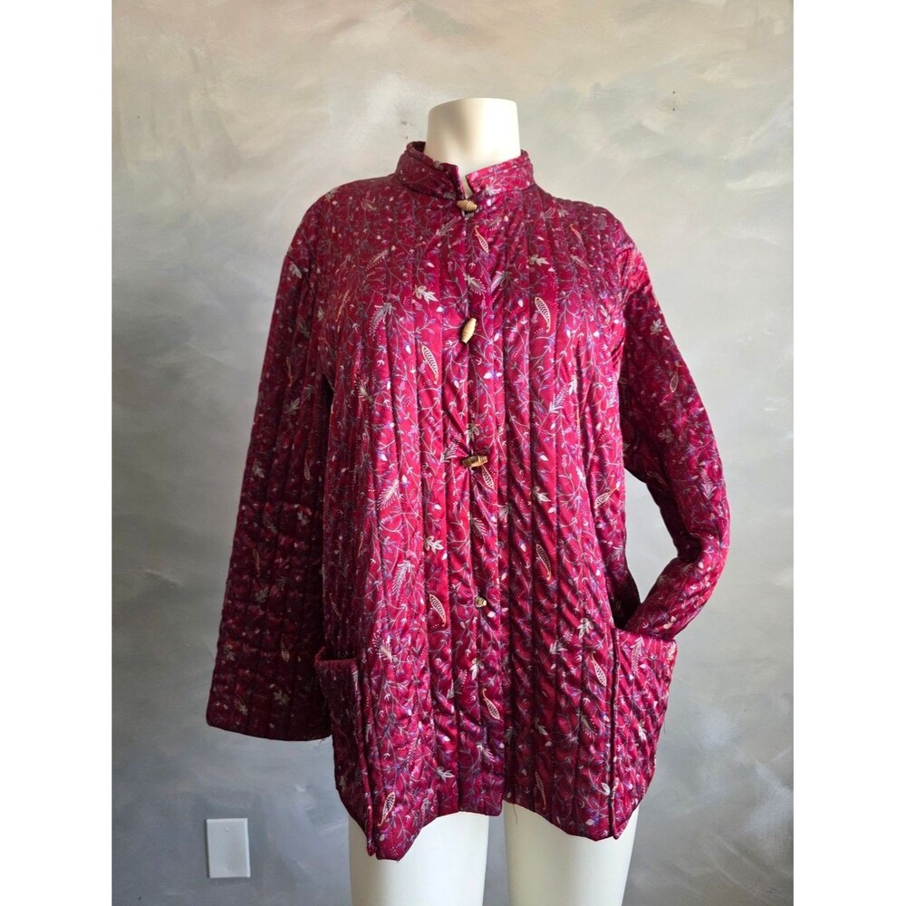 Burgundy Floral Print Satin Quilted Lightweight Barn Garden Jacket Mandarin Wood